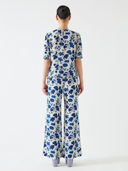 LK Bennett Cream Brielle Birch and Blue Silk China Silk Floral Print Frill Top - Image 2 of 4