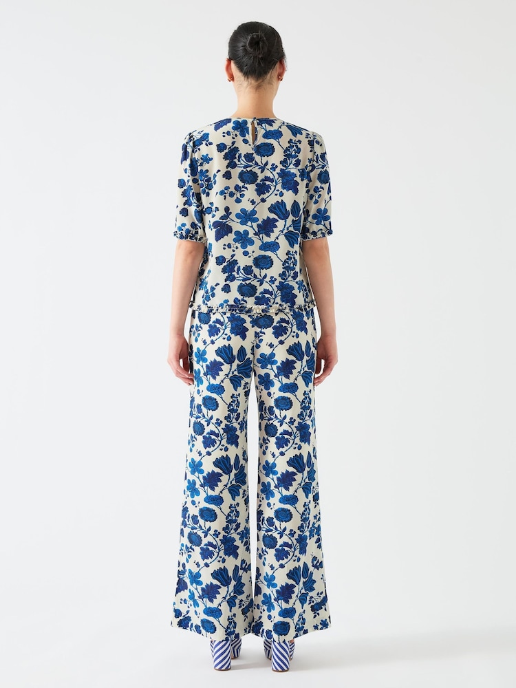 LK Bennett Cream Brielle Birch and Blue Silk China Silk Floral Print Frill Top - Image 2 of 4