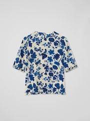 LK Bennett Cream Brielle Birch and Blue Silk China Silk Floral Print Frill Top - Image 4 of 4