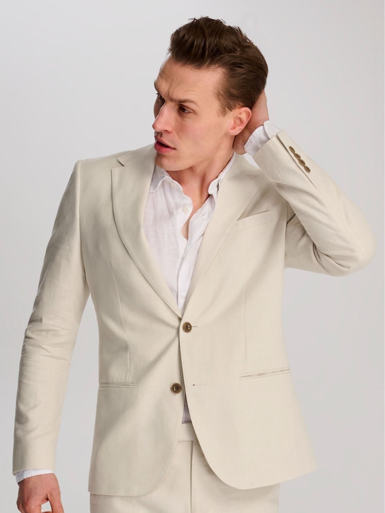 Harry Brown Cream Giacomo Slim Fit Cotton Linen Suit Jacket - Image 12 of 12