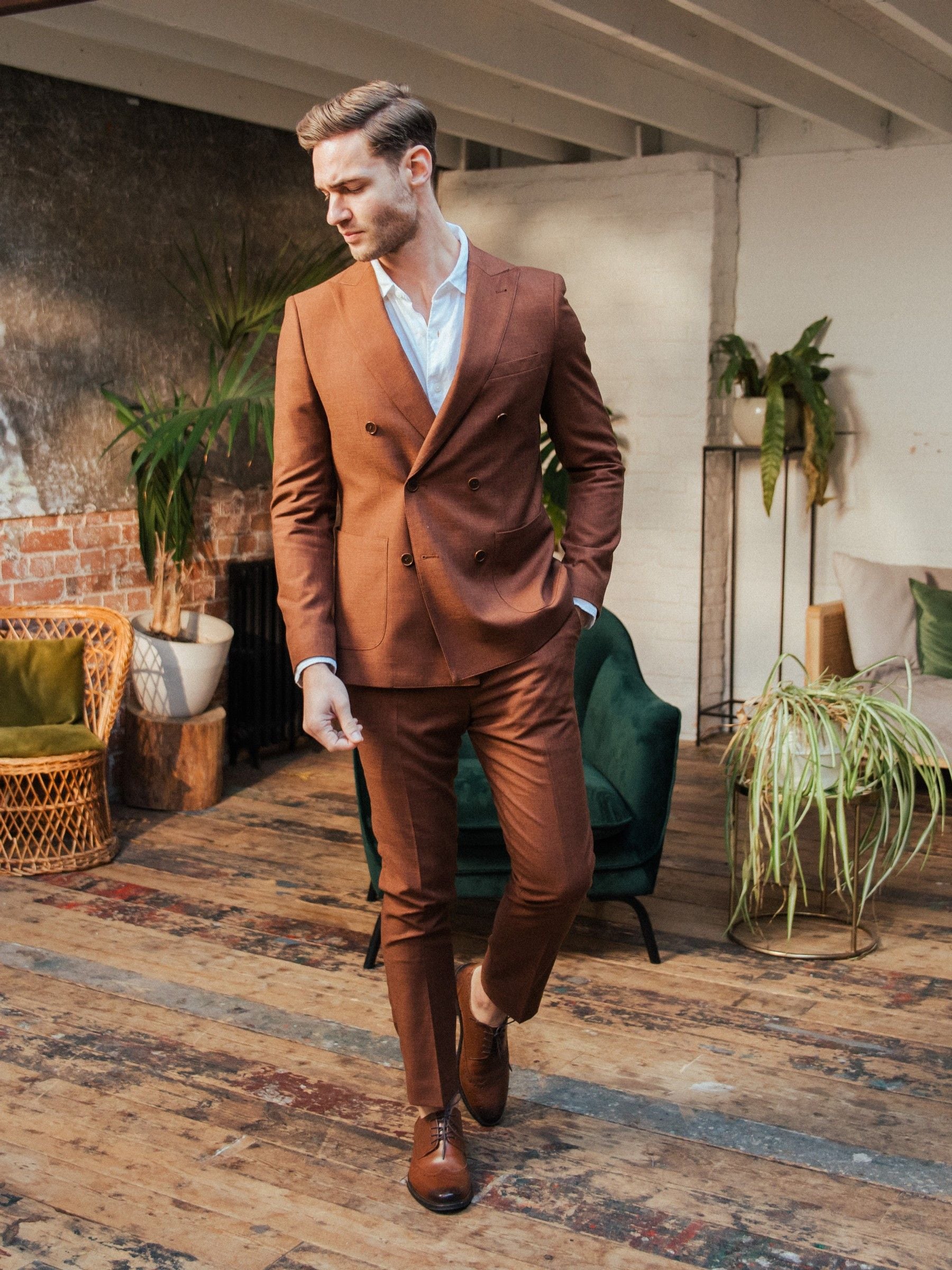 Buy Harry Brown Brown Sandro Linen Look Double Breasted Suit