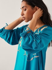 Monsoon Blue Tracy Floral Embellished Mini Kaftan - Image 2 of 4