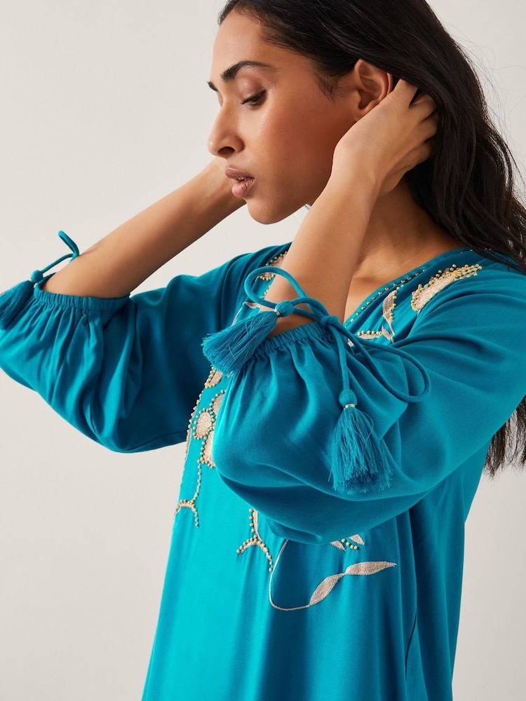 Monsoon Blue Tracy Floral Embellished Mini Kaftan - Image 2 of 4