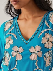 Monsoon Blue Tracy Floral Embellished Mini Kaftan - Image 4 of 4