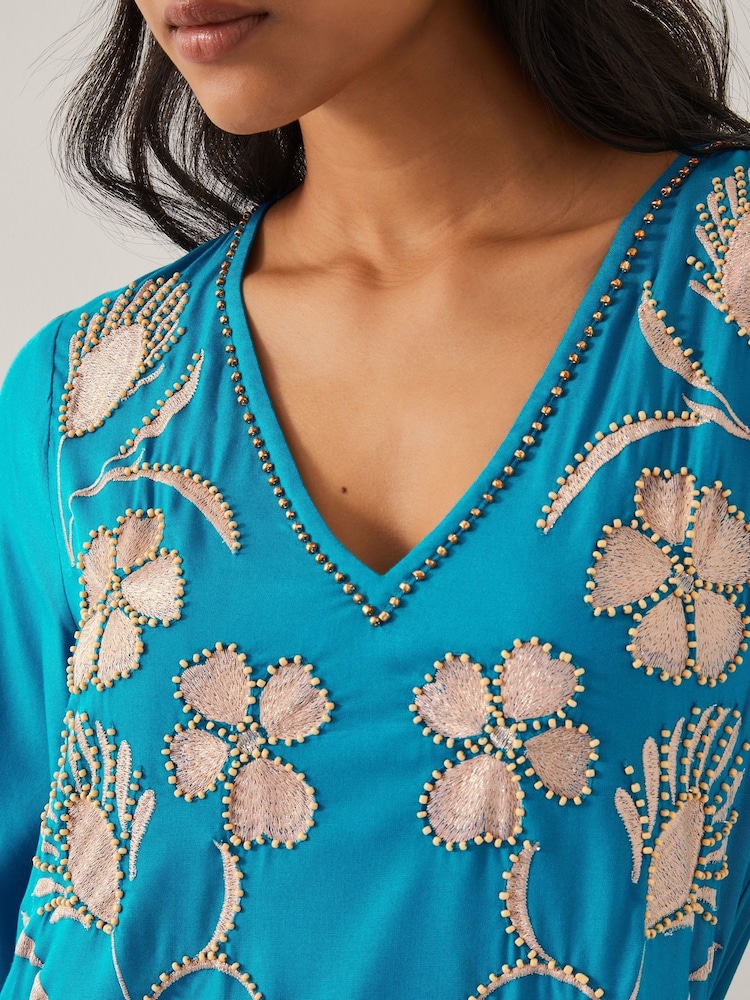 Monsoon Blue Tracy Floral Embellished Mini Kaftan - Image 4 of 4
