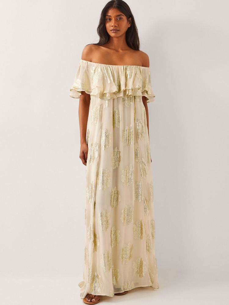 Monsoon Natural Lyra Metallic Ruffle Maxi Dress - Image 1 of 4 Monsoon Natural Lyra Metallic Ruffle Maxi Dress - Image 1 of 4