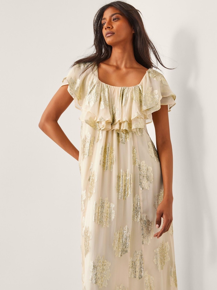 Monsoon Natural Lyra Metallic Ruffle Maxi Dress - Image 2 of 4 Monsoon Natural Lyra Metallic Ruffle Maxi Dress - Image 2 of 4