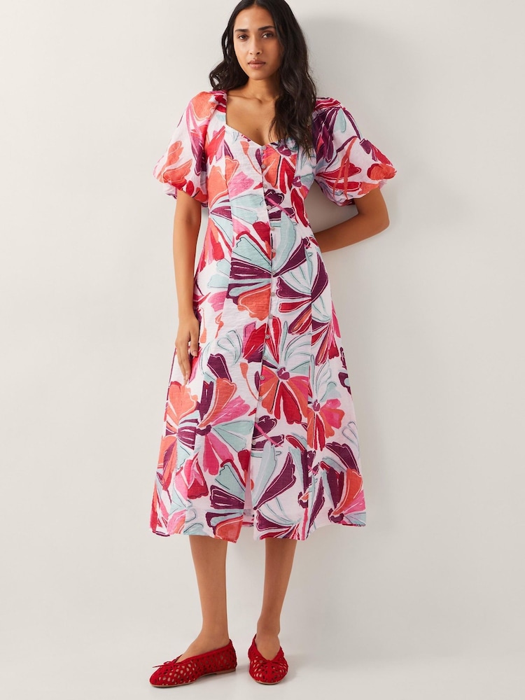 Monsoon Pink Elana Floral Puff-Sleeve Midi Dress - Image 1 of 4