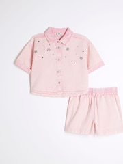 River Island Pink Girls Cropped 100% Cotton Shirt and Shorts Set - Image 1 of 3