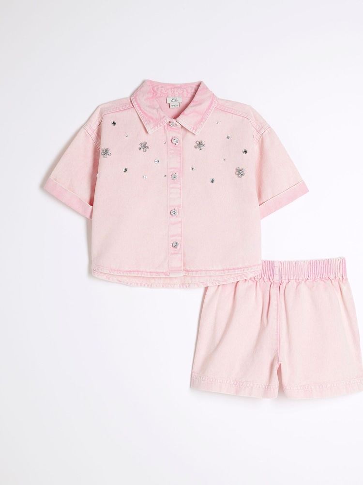 River Island Pink Girls Cropped 100% Cotton Shirt and Shorts Set - Image 1 of 3