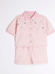 River Island Pink Girls Cropped 100% Cotton Shirt and Shorts Set - Image 3 of 3