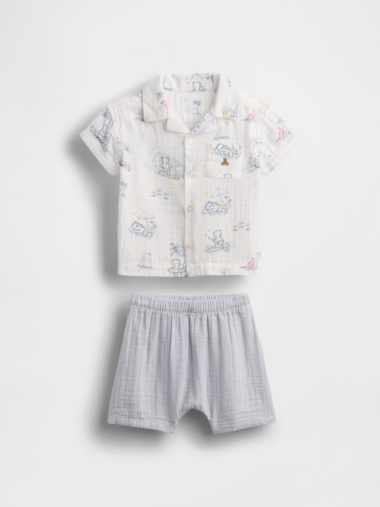 Gap White/Grey Crinkle Gauze Shirt & Shorts (Newborn-24mths) - Image 1 of 2