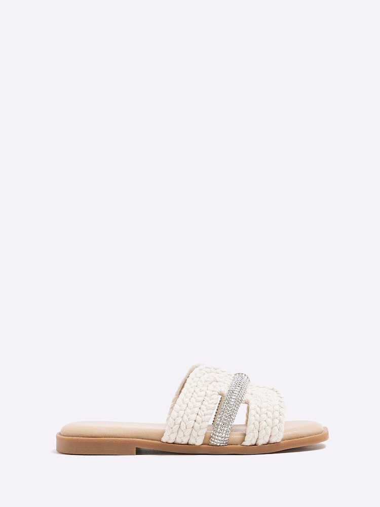 River Island Cream Girls Raffia Diamante Sandals - Image 1 of 5