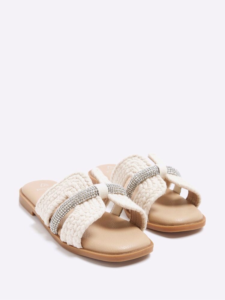 River Island Cream Girls Raffia Diamante Sandals - Image 2 of 5
