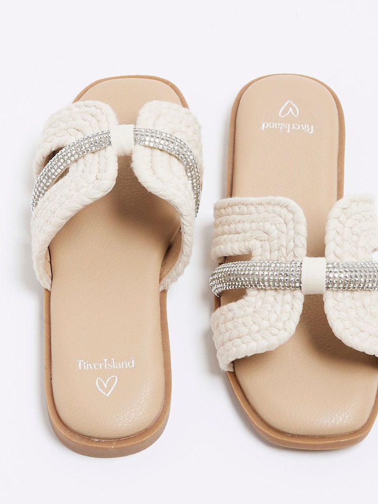 River Island Cream Girls Raffia Diamante Sandals - Image 5 of 5