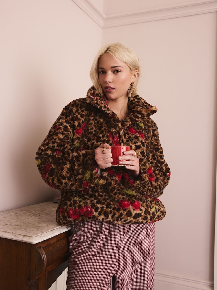 Animal/Cherry Print Borg Half Zip Fleece - Image 1 of 7