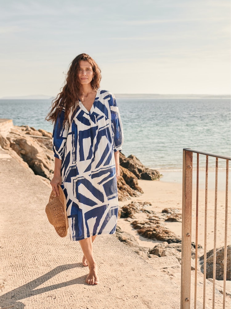 Seasalt Cornwall Blue Earth Colours Kaftan 100% Cotton Dress - Image 1 of 10