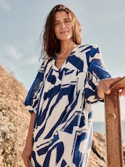 Seasalt Cornwall Blue Earth Colours Kaftan 100% Cotton Dress - Image 4 of 10