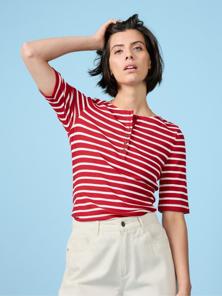 Seasalt Cornwall Red Early Orchid Ribbed Henley Top - Image 1 of 11