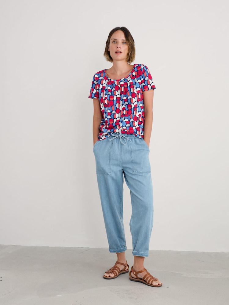 Seasalt Cornwall Blue & Red Light Pink Appletree Keyhole Detail T-Shirt - Image 1 of 5