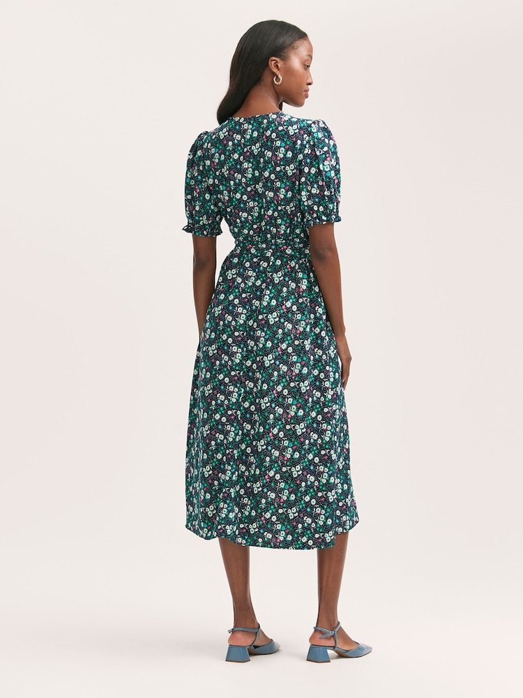 Finery Blue Everleigh Crepe Floral Print Midi Tea Dress - Image 2 of 4
