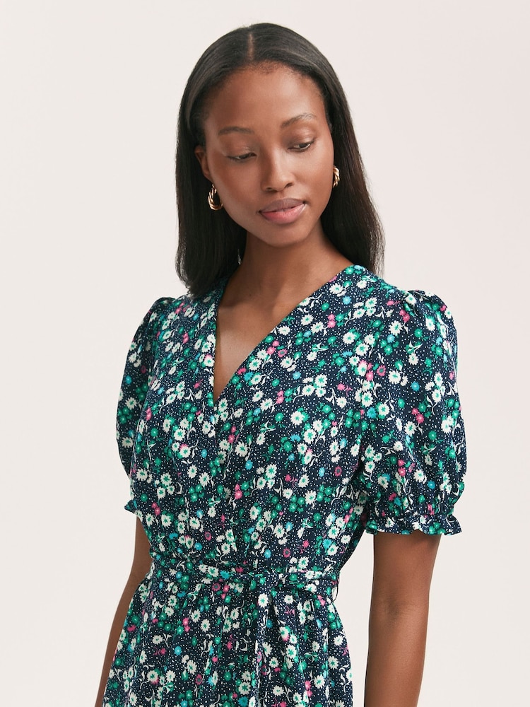 Finery Blue Everleigh Crepe Floral Print Midi Tea Dress - Image 4 of 4
