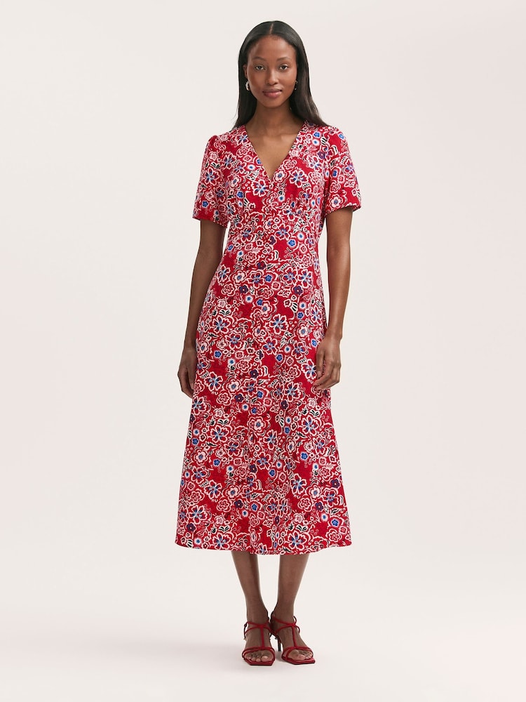 Finery Red Martina Floral Print Midi Tea Dress - Image 1 of 4