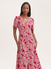 Finery Red Martina Floral Print Midi Tea Dress - Image 3 of 4