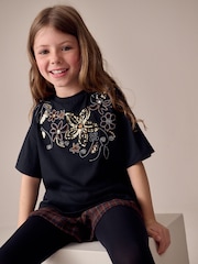 Black Floral Sequin T-Shirt (3-16yrs) - Image 1 of 4