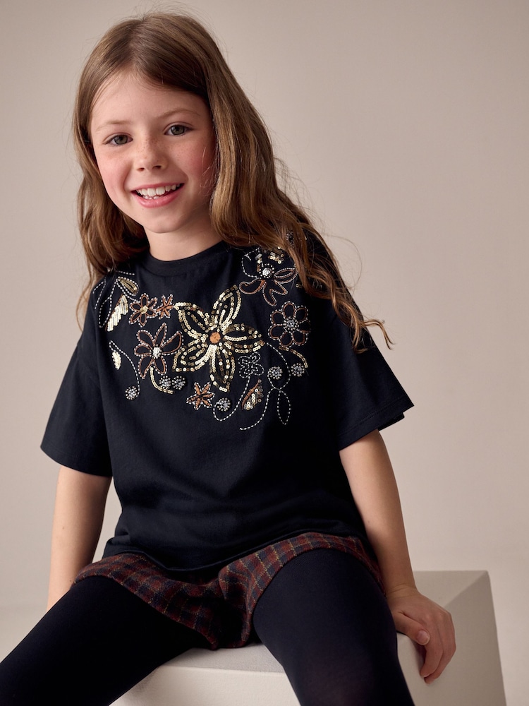 Black Floral Sequin T-Shirt (3-16yrs) - Image 1 of 4