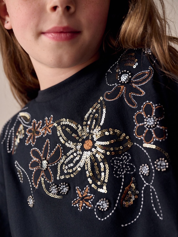 Black Floral Sequin T-Shirt (3-16yrs) - Image 4 of 4