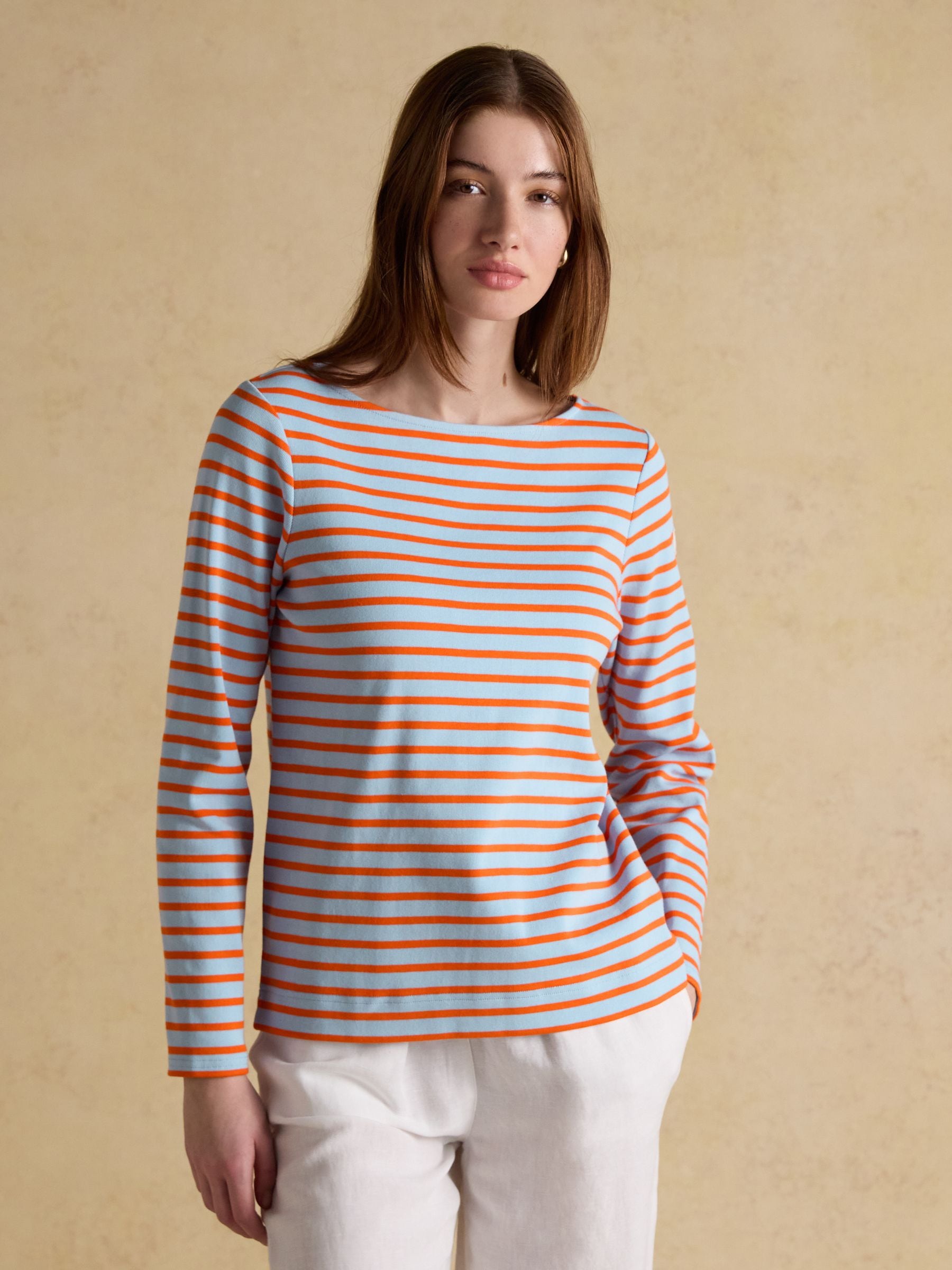 Joules Women's Harbour Long Sleeve Striped Boat Neck Breton Top Blue & Orange Size 26