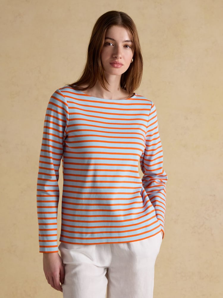 Joules Harbour Blue & Orange Striped Boat Neck Long Sleeve Breton Top - Image 1 of 7