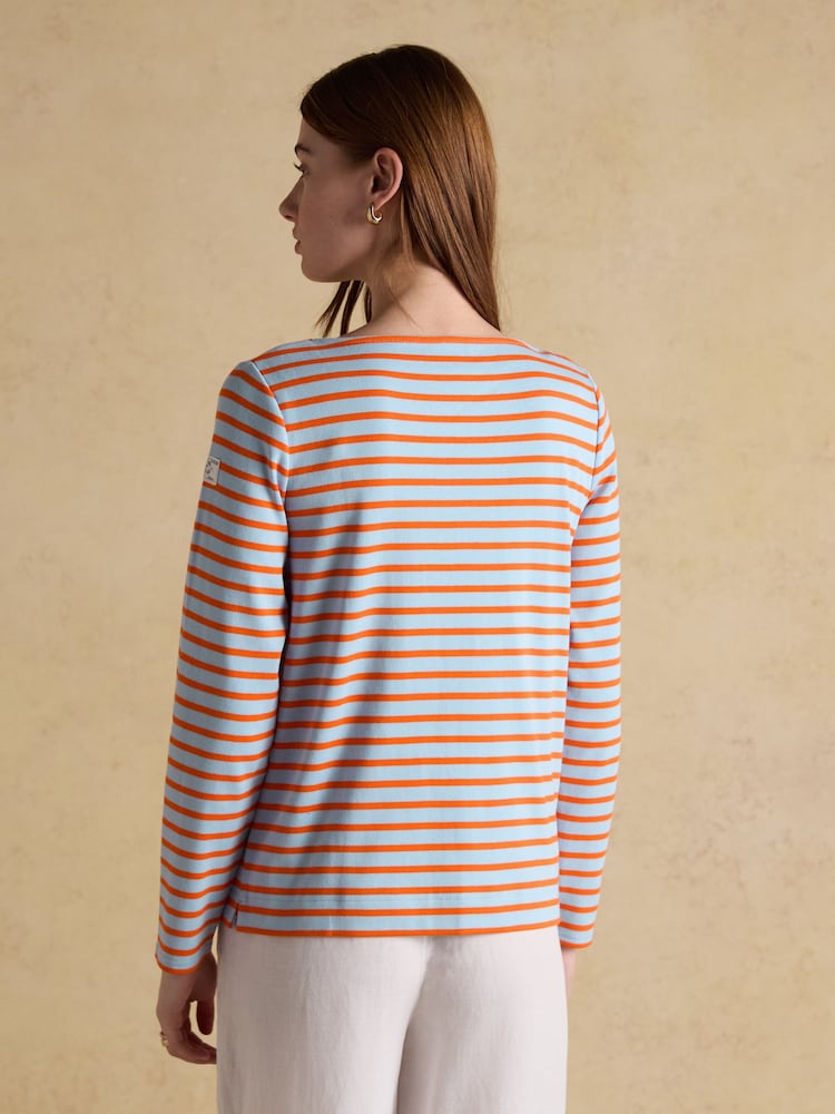 Joules Harbour Blue & Orange Striped Boat Neck Long Sleeve Breton Top - Image 2 of 7
