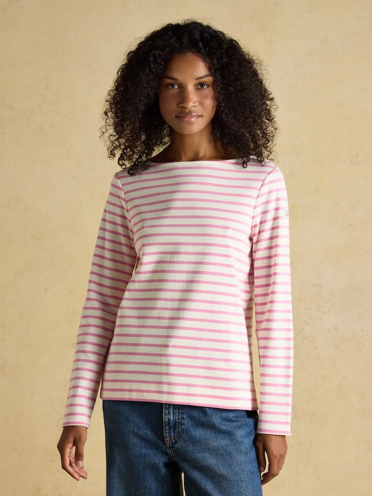 Joules Harbour Cream/Pink Boat Neck 100% Cotton Long Sleeve Breton Top - Image 1 of 8 Joules Harbour Cream/Pink Boat Neck 100% Cotton Long Sleeve Breton Top - Image 1 of 8
