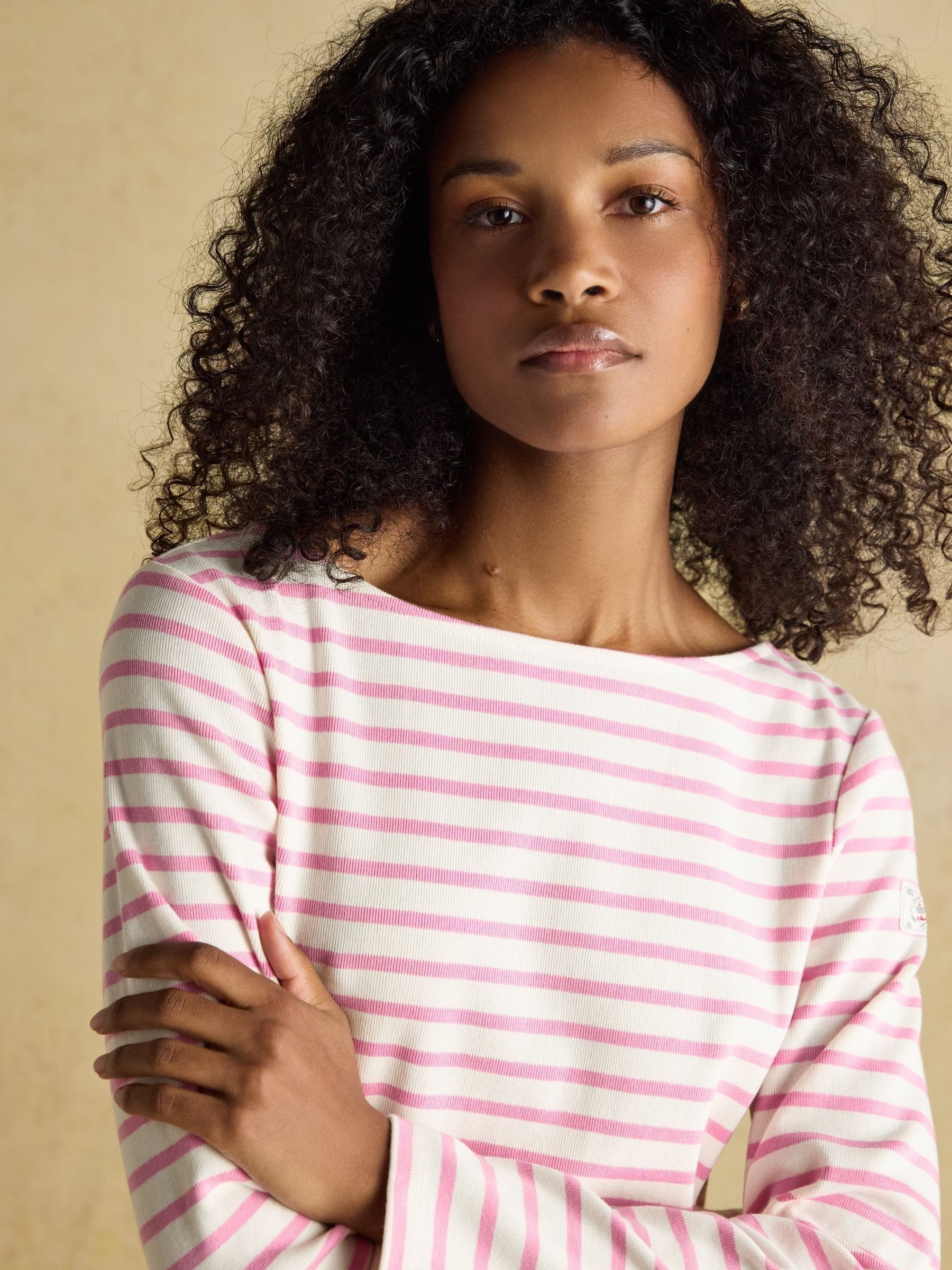 Buy Joules Harbour Cream & Pink Long Sleeve Striped Boat Neck