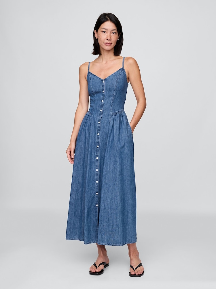 Gap Blue Denim Seamed Maxi Dress - Image 1 of 4