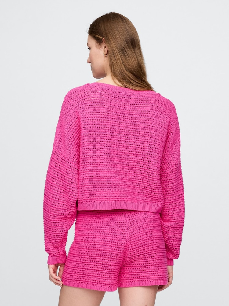 Gap Pink Crochet Cropped Boatneck Jumper - Image 2 of 4