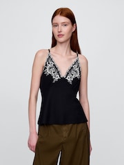 Gap Black/White Linen-Blend Embroidered Halter Top - Image 1 of 4