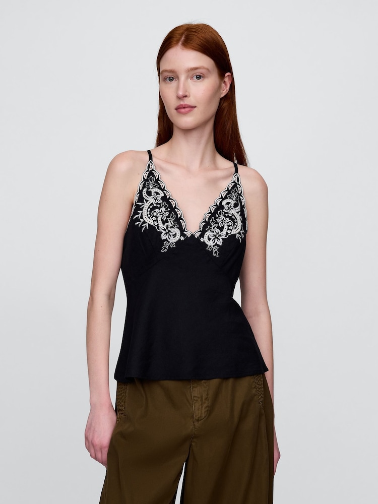 Gap Black/White Linen-Blend Embroidered Halter Top - Image 1 of 4