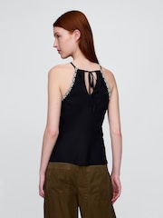 Gap Black/White Linen-Blend Embroidered Halter Top - Image 2 of 4