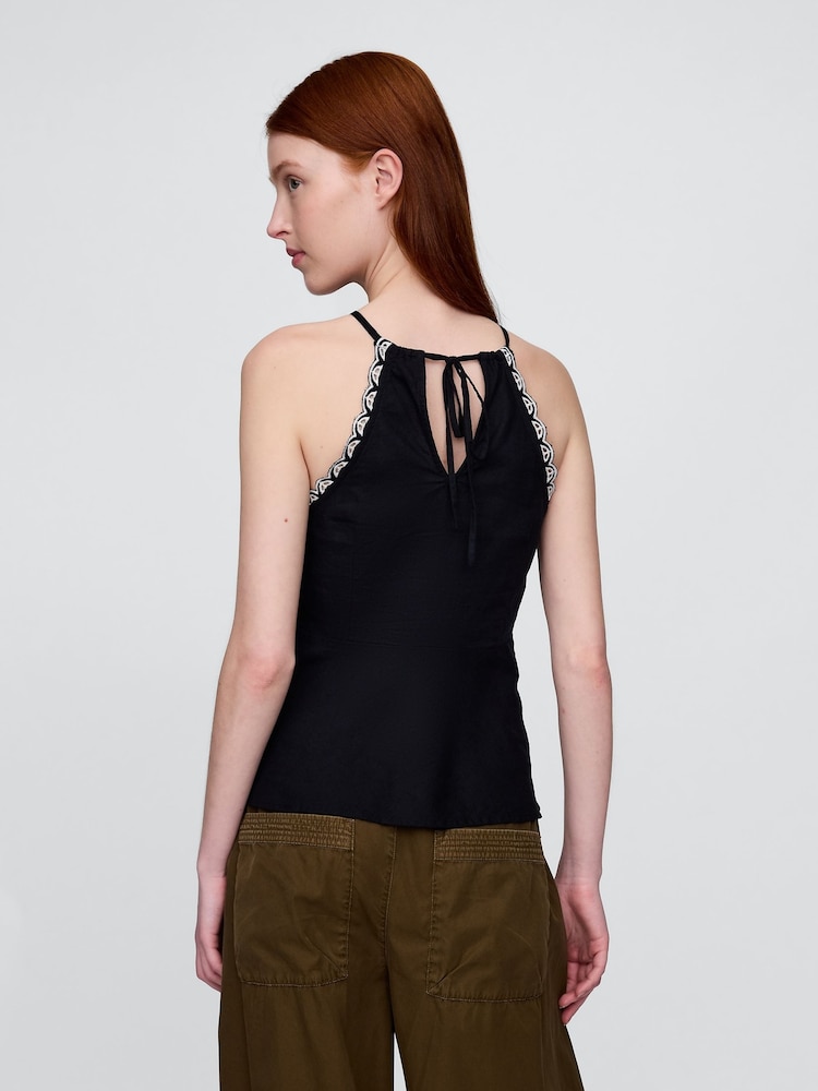 Gap Black/White Linen-Blend Embroidered Halter Top - Image 2 of 4