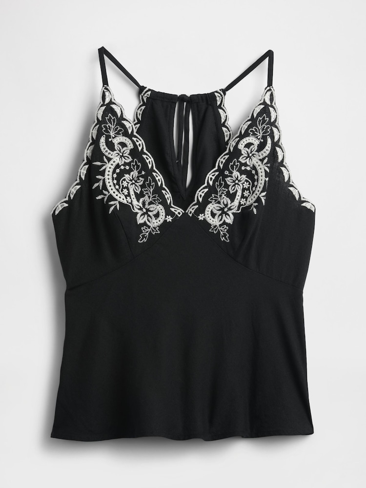 Gap Black/White Linen-Blend Embroidered Halter Top - Image 4 of 4