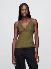 Gap Green Linen-Blend Embroidered Halter Top - Image 1 of 4
