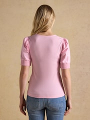 وردي - Joules Tabitha Ribbed Square Neck Jersey Top with Puff Sleeves - Image 2 of 7