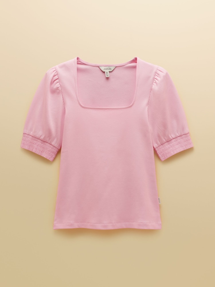 وردي - Joules Tabitha Ribbed Square Neck Jersey Top with Puff Sleeves - Image 7 of 7