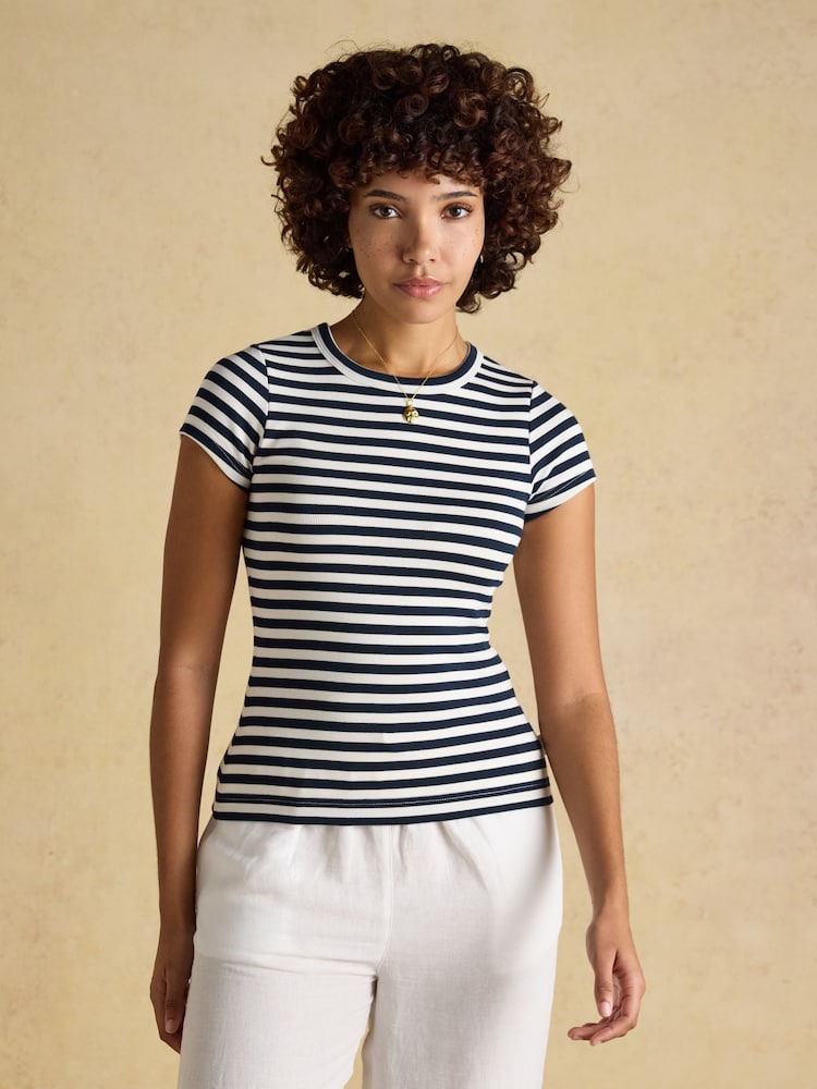 أزرق مقلم - Joules Sophie Short Sleeve Ribbed Fitted T-Shirt - صورة 1 من 8