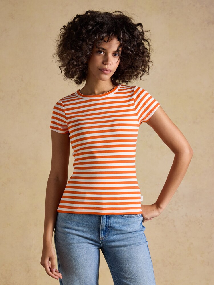 Joules Sophie Orange Striped Short Sleeve Ribbed Fitted T-Shirt - Image 1 of 6