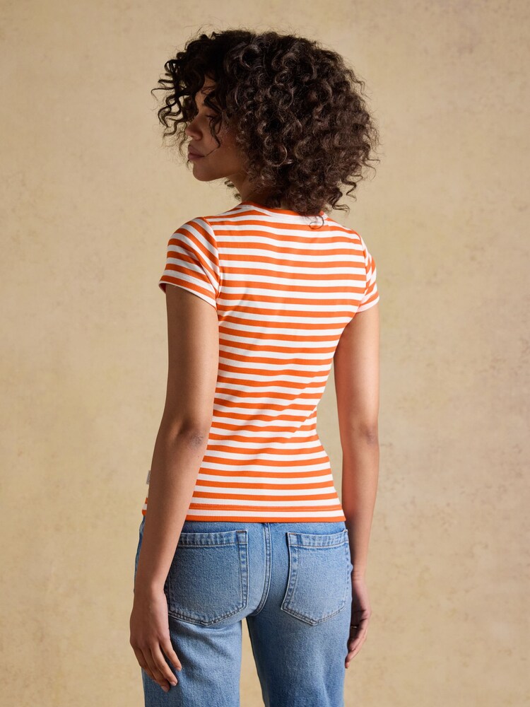 Joules Sophie Orange Striped Short Sleeve Ribbed Fitted T-Shirt - Image 2 of 6