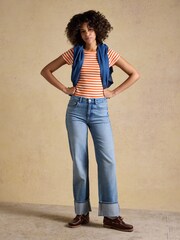 Joules Sophie Orange Striped Short Sleeve Ribbed Fitted T-Shirt - Image 3 of 6